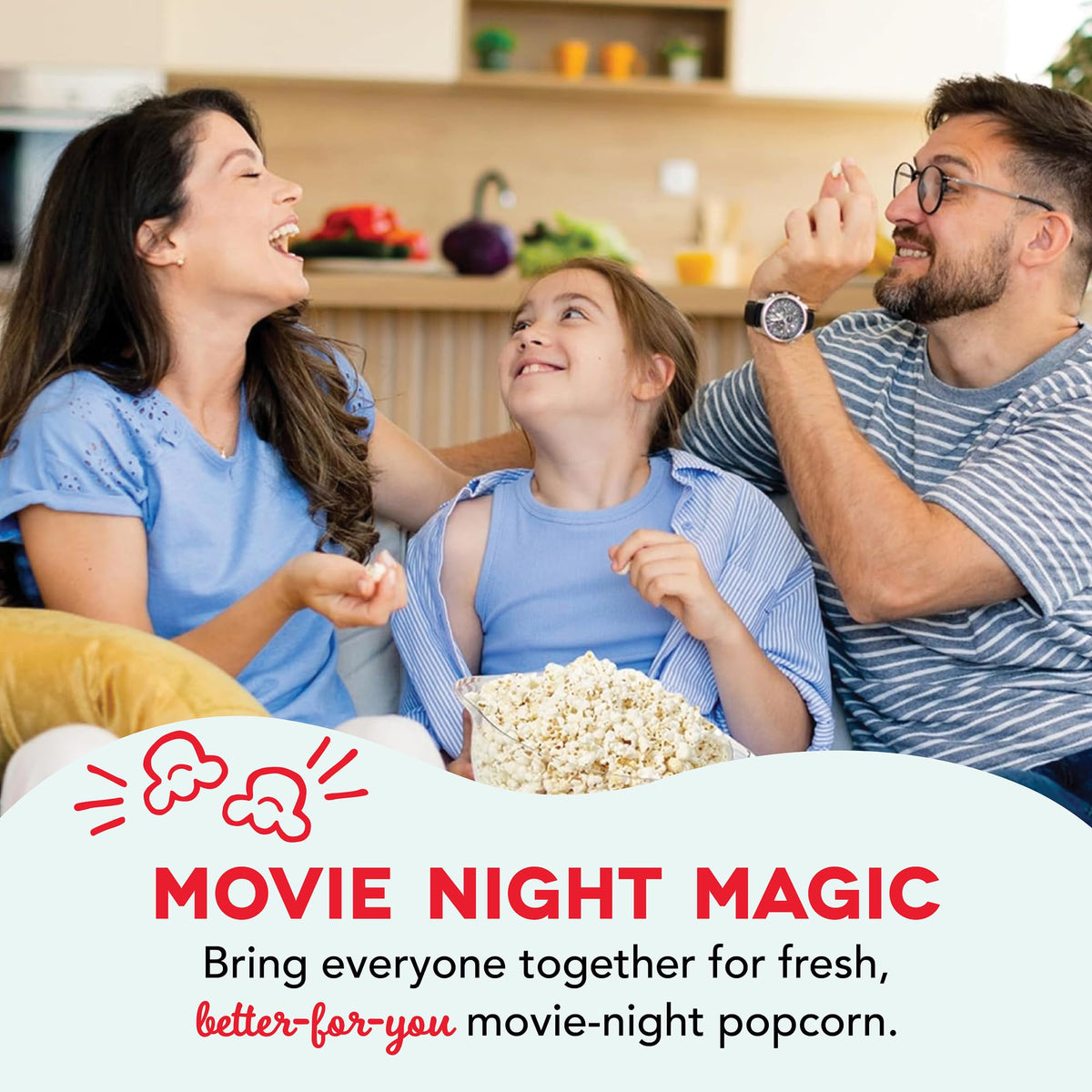 Clear serving bowl from Dash SmartStore ready to share popcorn