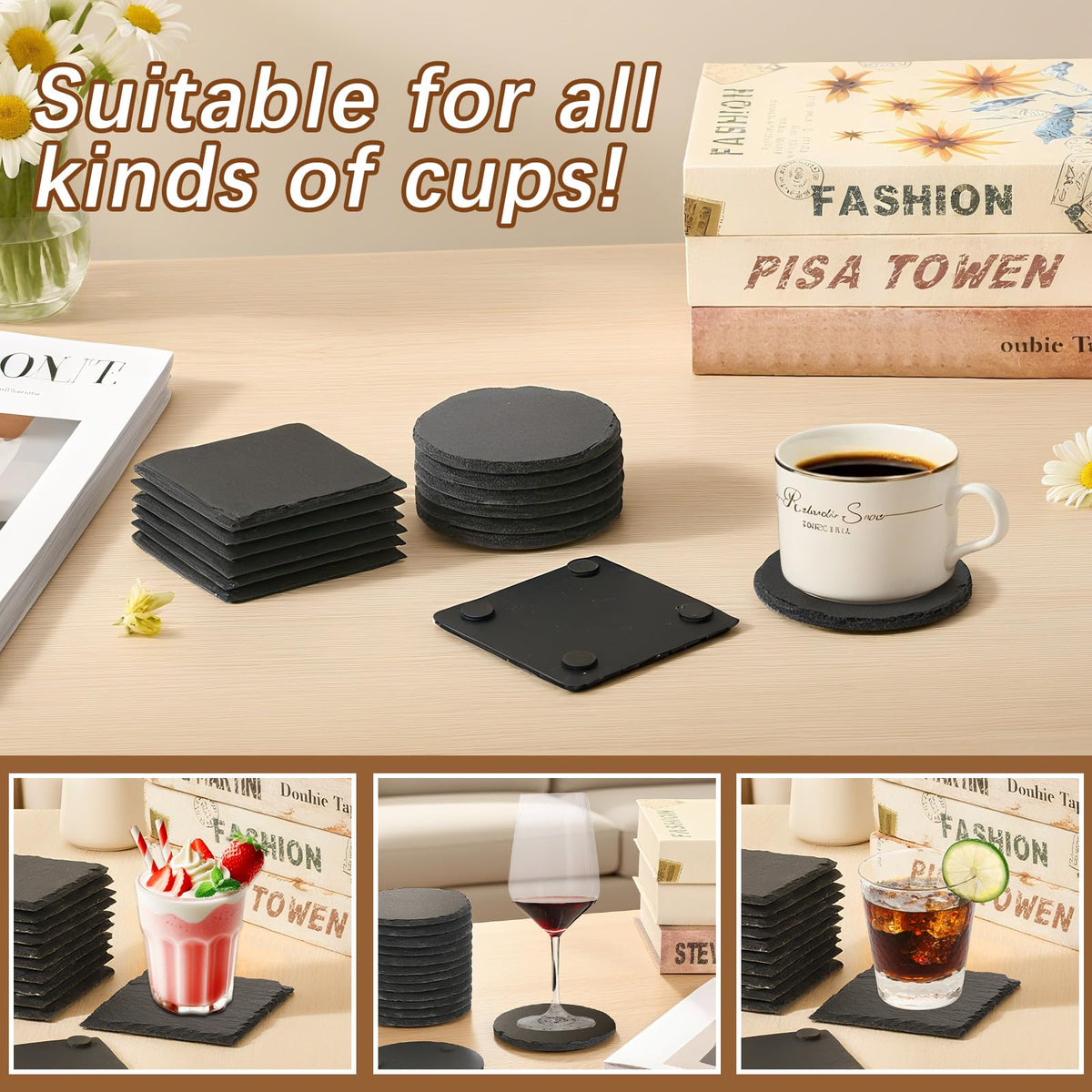 DASSNANE slate coaster round 4-inch laser engraving-ready surface for customization