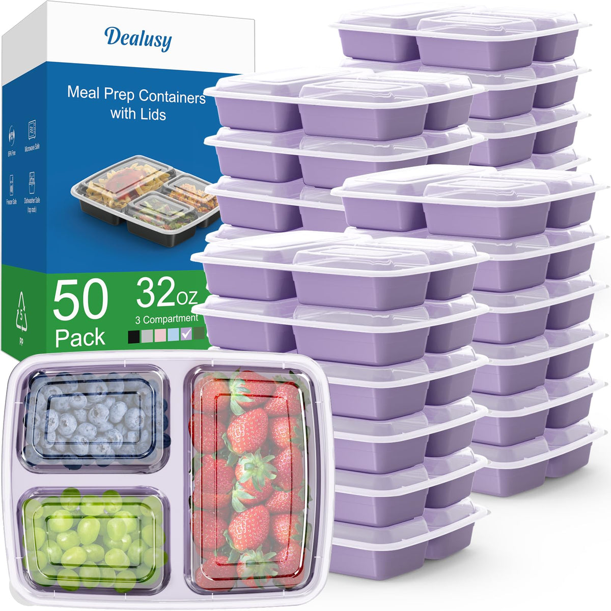Dealusy 50-pack 32 oz meal prep containers with 3 compartments and lids for precise portions.