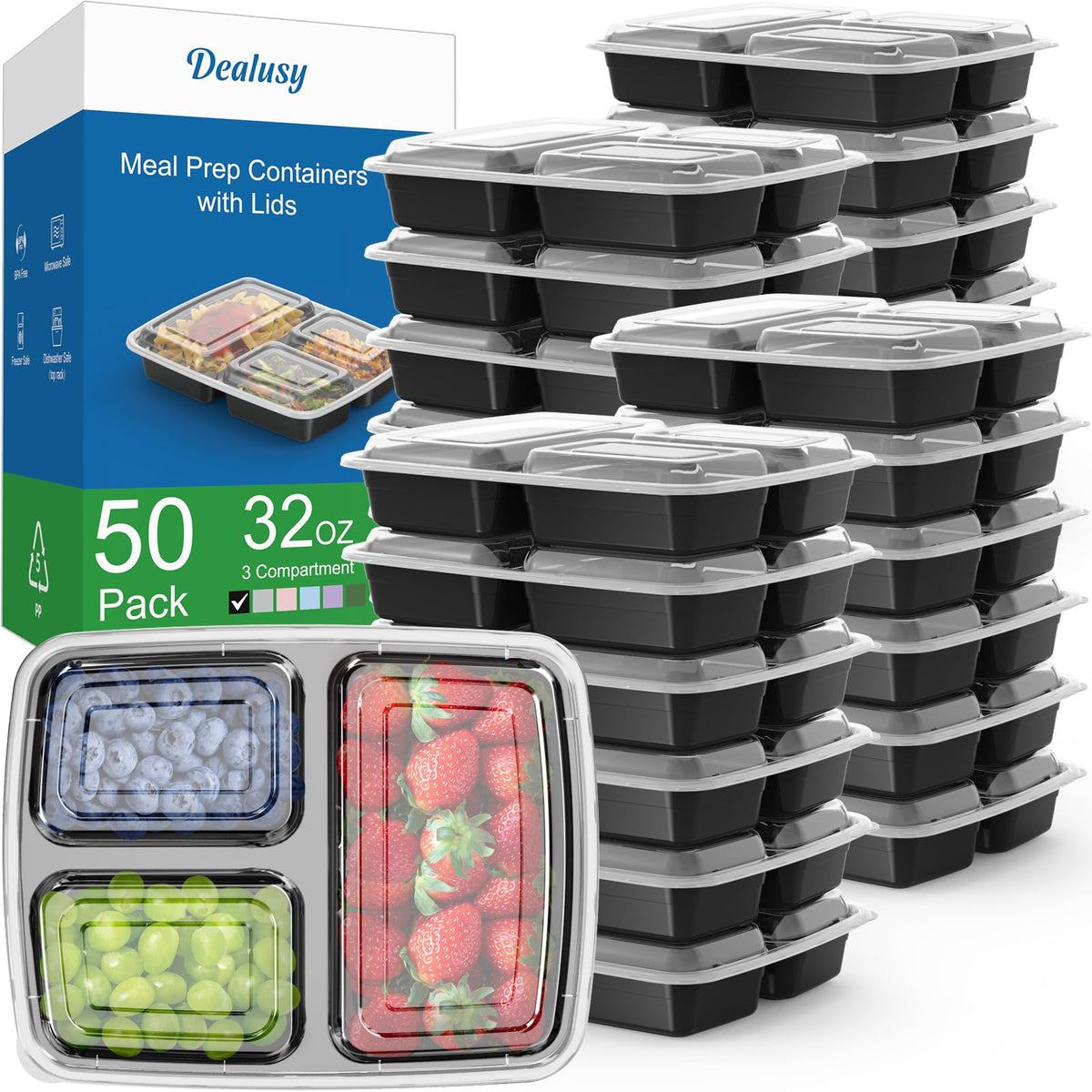 Dealusy three-compartment container with lids for organized meal prep.