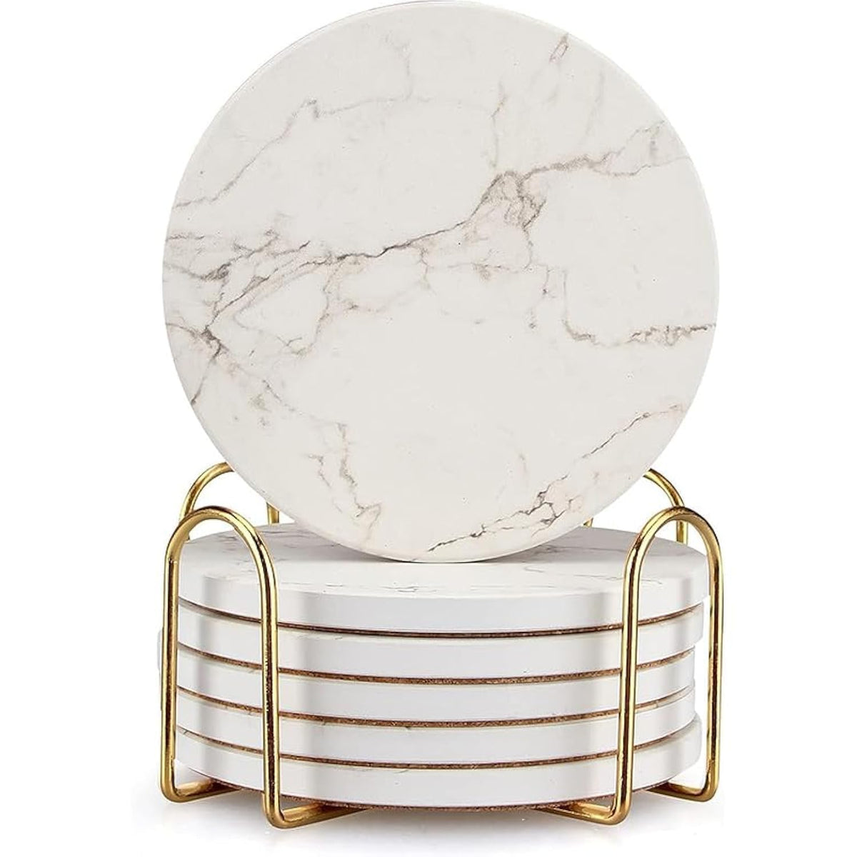 Deceram white marble coaster set with holder, absorbent surface protects tables.