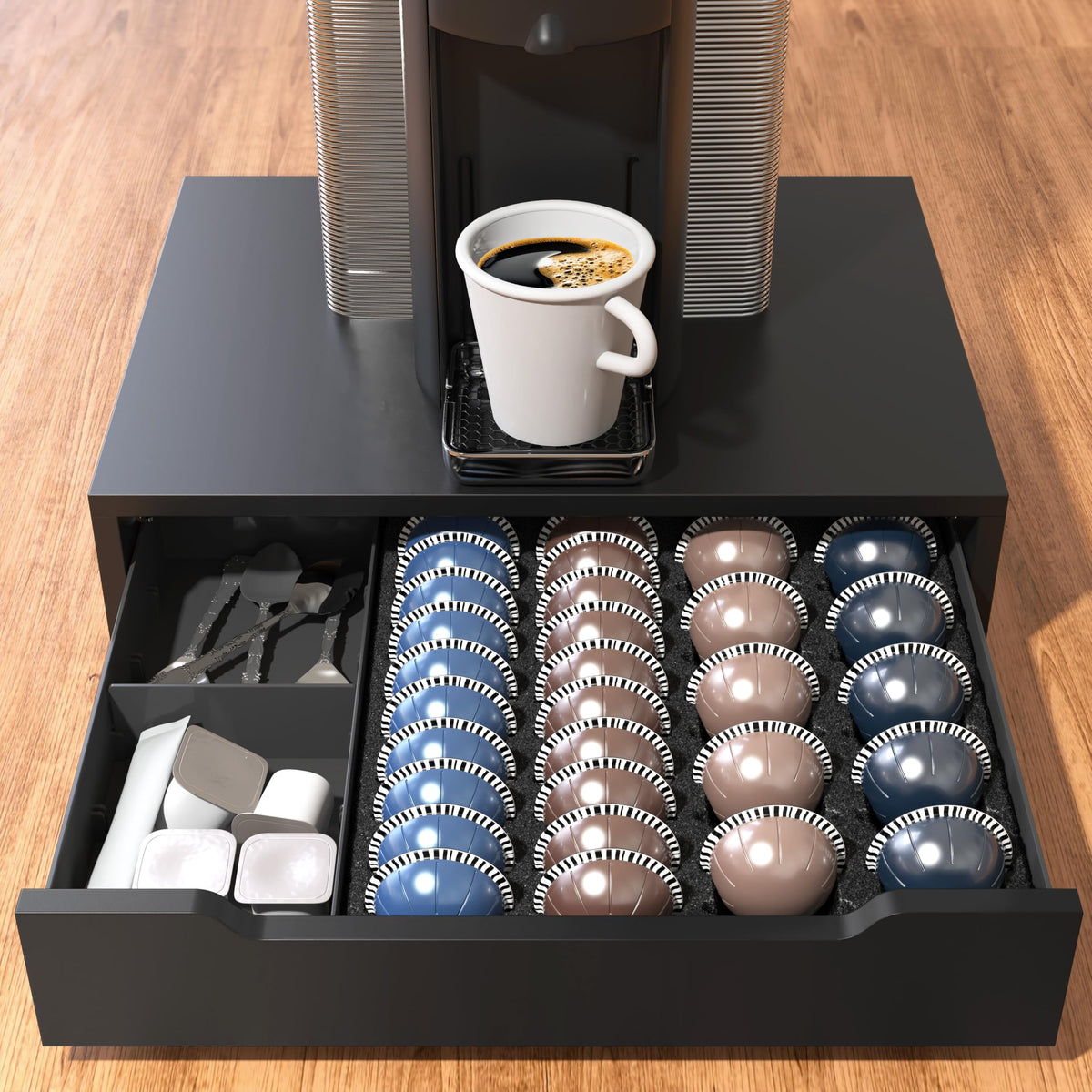 Compact coffee bar organizer fits a 12.3 by 16 inch counter space