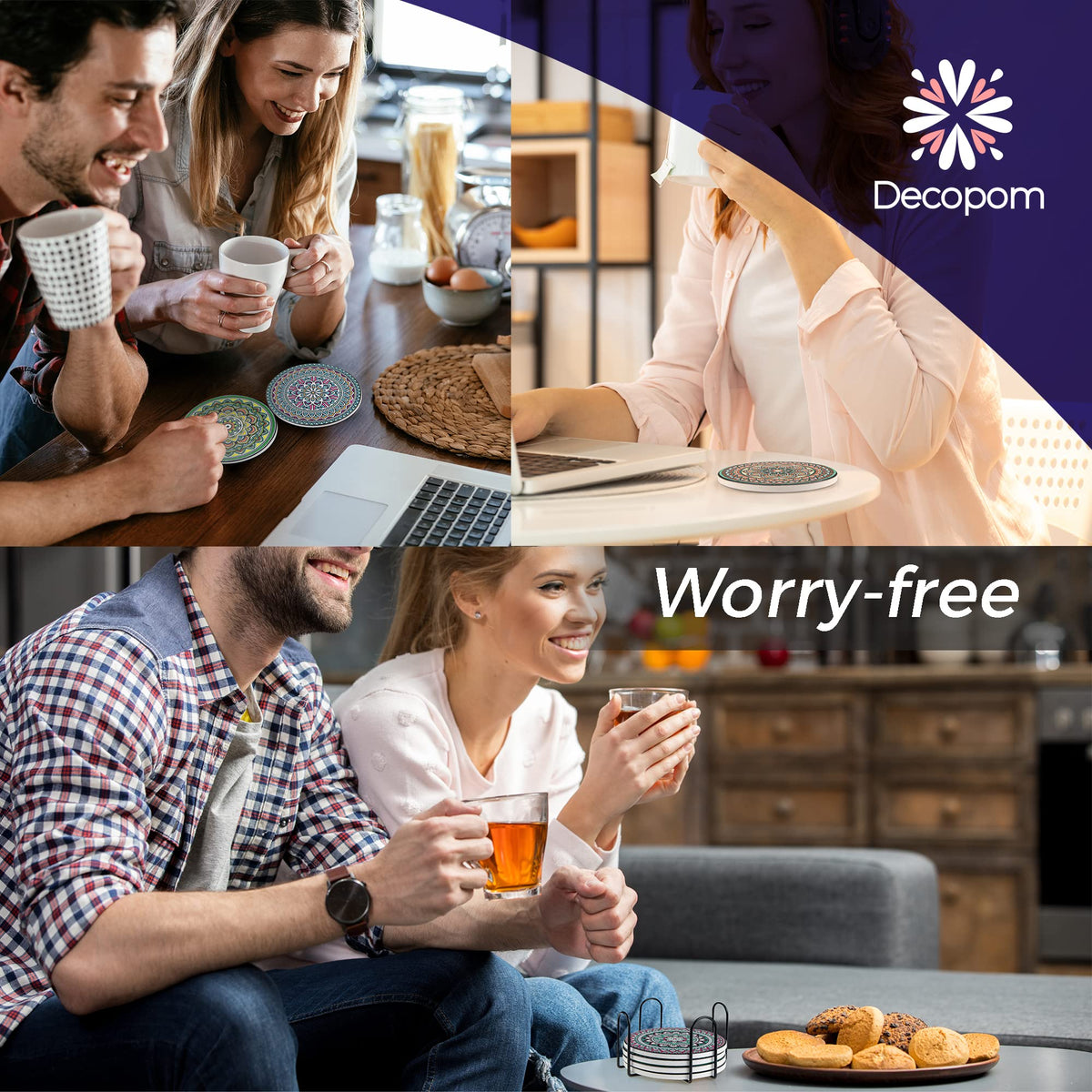 Decopom black holder with rounded edges neatly organizes the coasters.