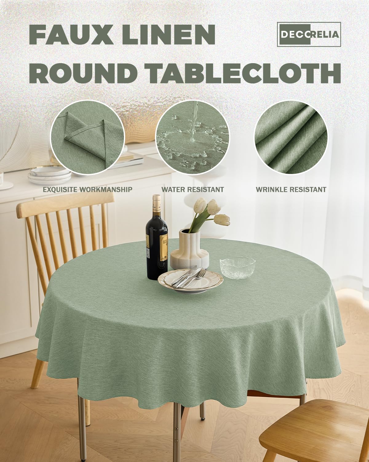 Decorelia dining setup with round tablecloth demonstrates simple elegant styling.