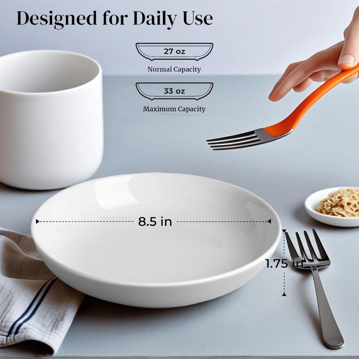 DeeCoo wide shallow pasta bowl stacked neatly for space-saving storage