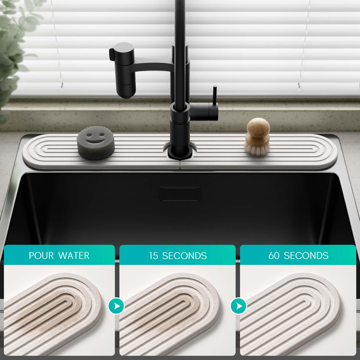 DEJUPE sink-organizer-tray stores soaps and sponges while drying.