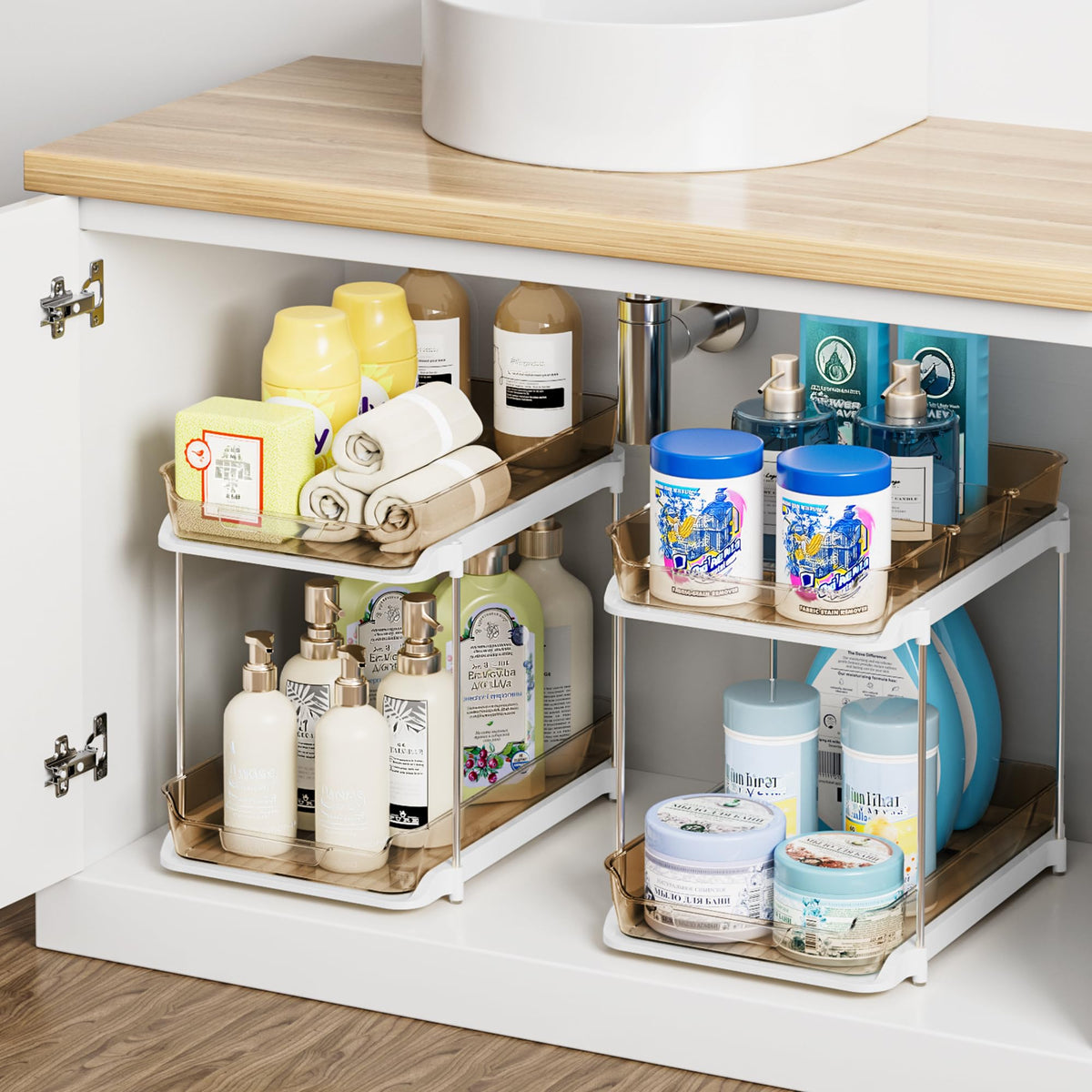 Delamu 2-Tier Under-Sink Organizer amber 2-pack for clear, accessible bathroom and kitchen storage.