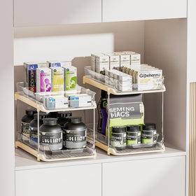 Delamu beige bathroom counter organizer keeps toiletries neatly visible.
