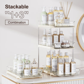 Delamu clear acrylic bathroom organizer highlights visibility and tidy vanity storage.
