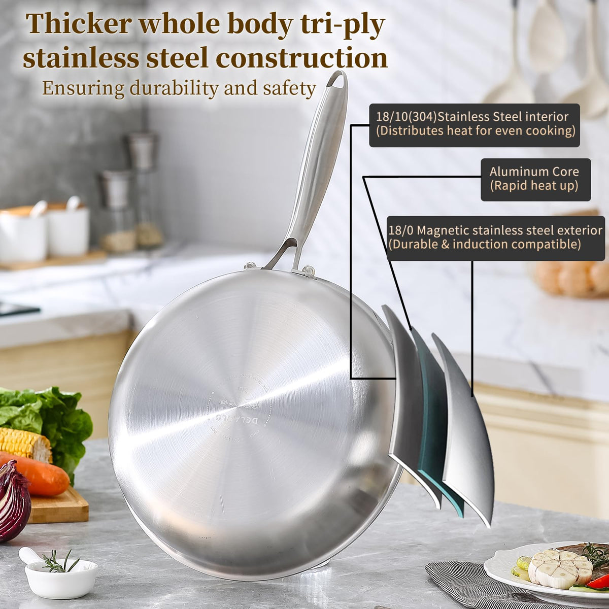 DELARLO tri-ply pan base highlighting efficient heat distribution for quick cooking.
