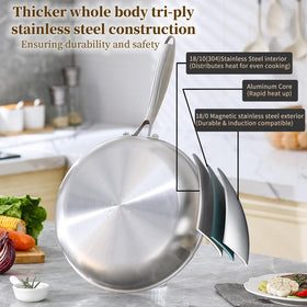 DELARLO tri-ply pan base highlighting efficient heat distribution for quick cooking.