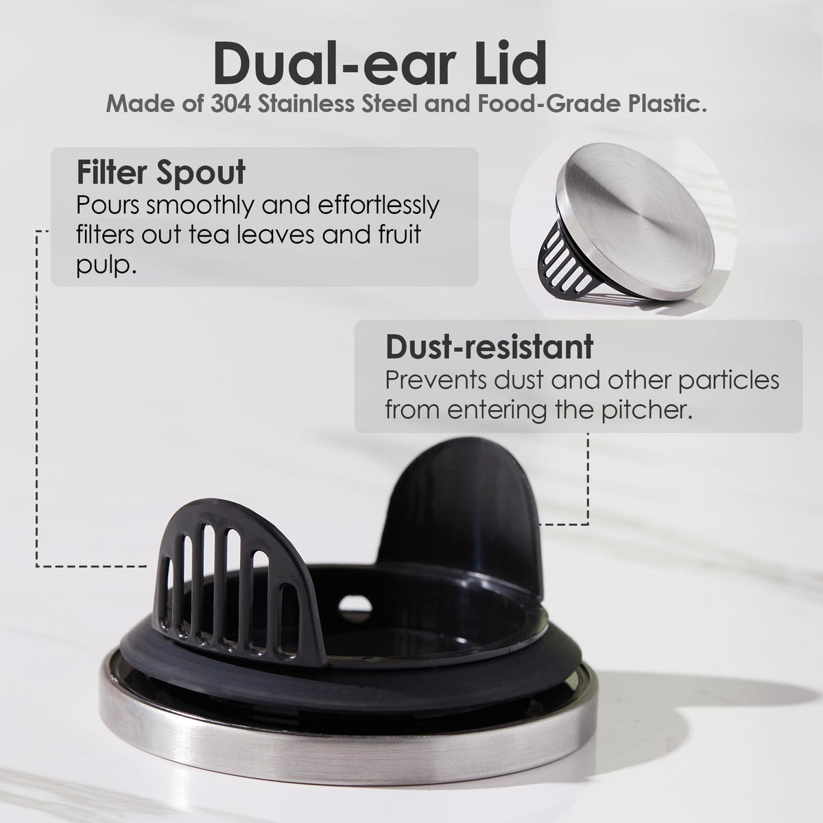 Delove pitcher two-ear lid doubles as a filter for fruit slices and infusions.