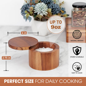 Demigo Acacia Salt Cellar open lid highlights easy access to spices.
