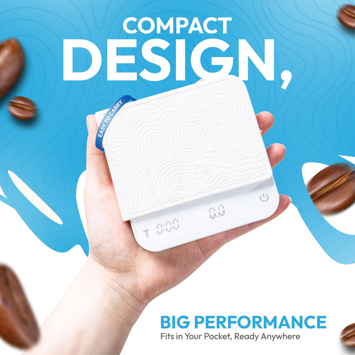 DeNestora compact scale resting on counter, highlighting its small footprint for espresso setups.