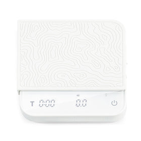 DeNestora Mini Coffee Scale with Timer front view on a compact countertop for space-saving brewing.