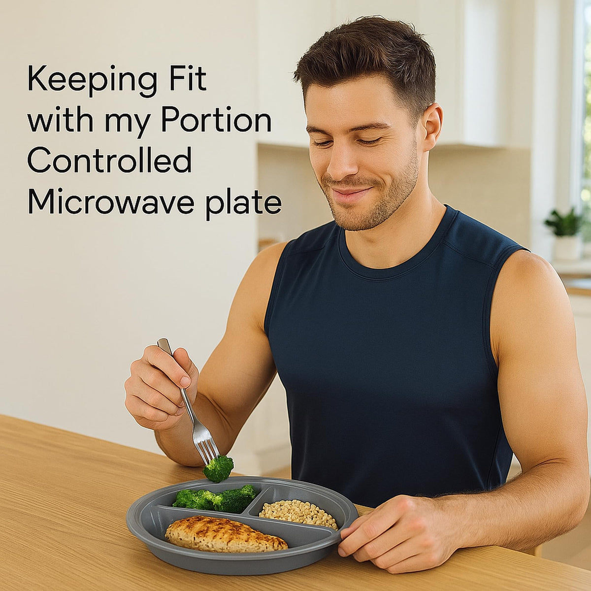 Dependable Essentials three-section plate showing vegetables, protein, and grains
