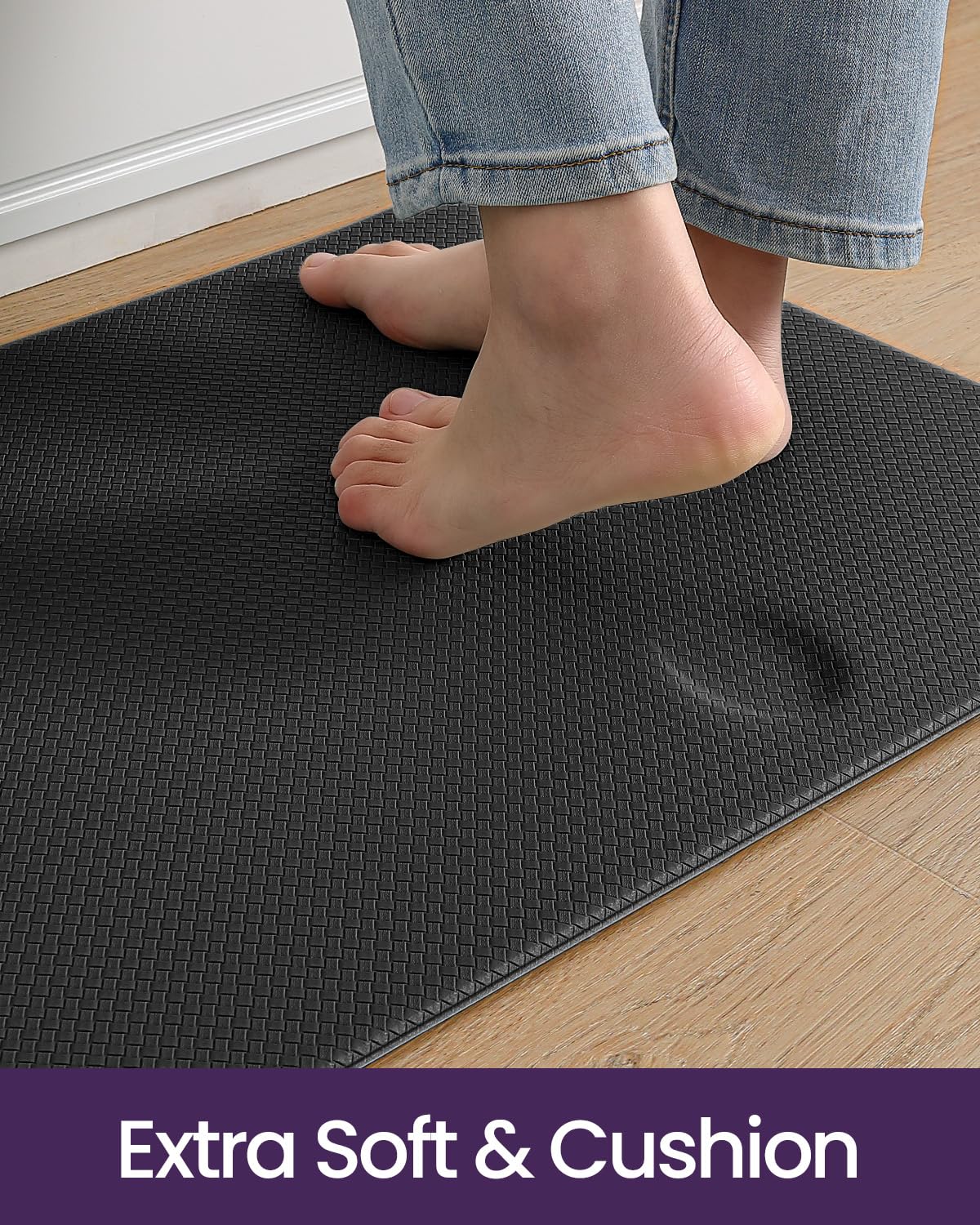 DEXI cushioned anti-fatigue mat provides soft support during cooking tasks.