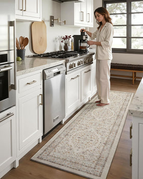 DEXI wide-beige ivory runner blends with cabinetry and appliances