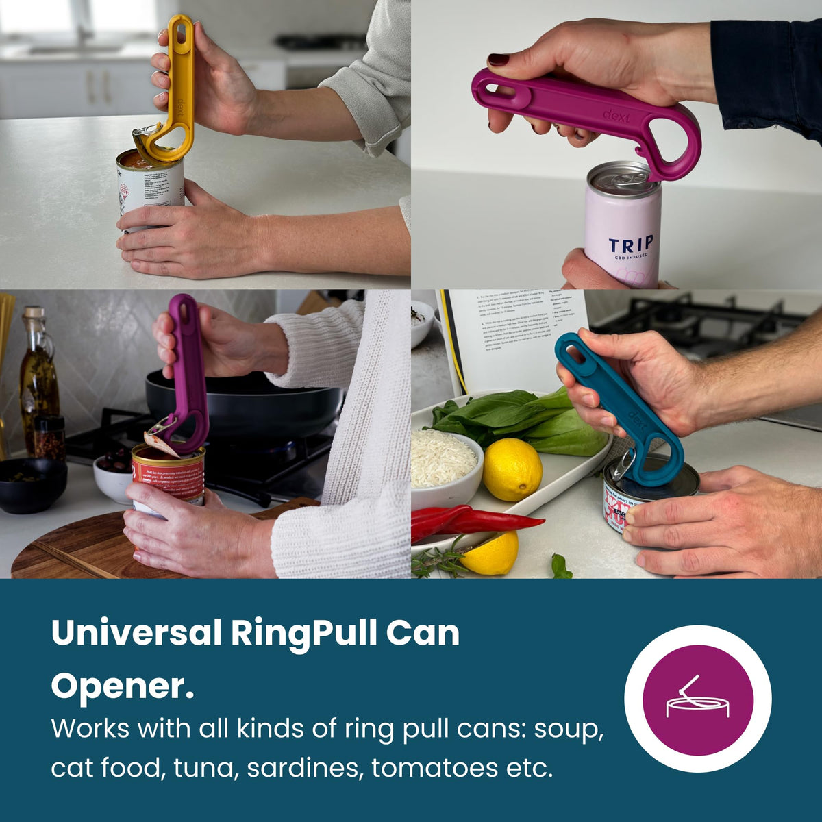 Dext no-spill ring pull opener with teal finish helps prevent spills.