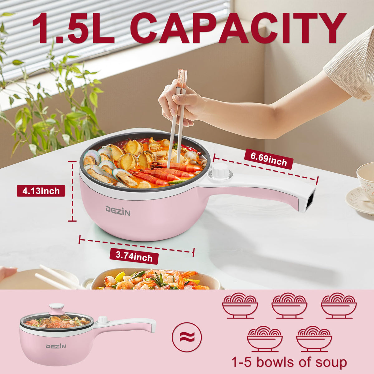 Compact DEZIN 1.5L pot ideal for dorm kitchens.