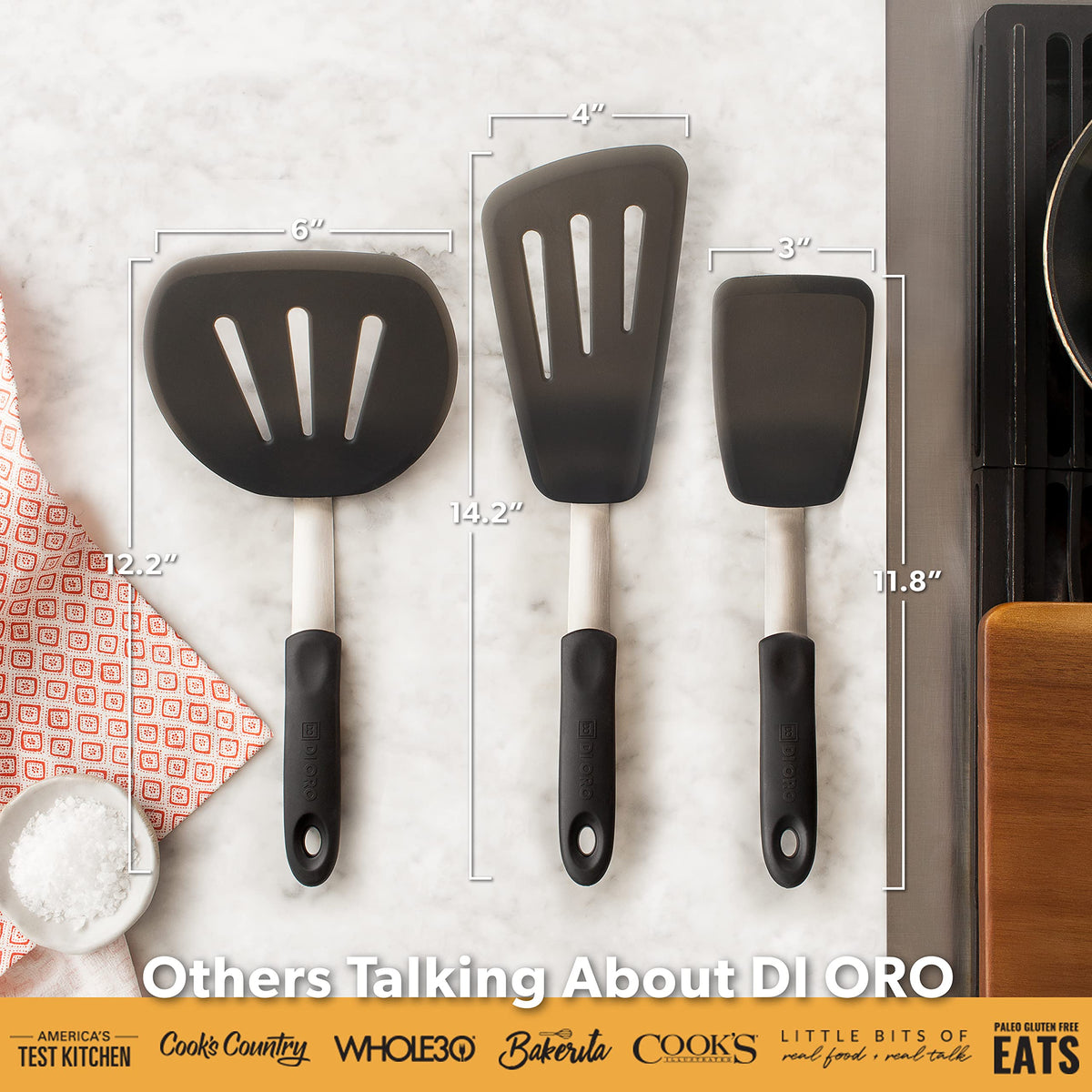 DI ORO Living 3-piece set offering versatile spatula options for cooking tasks.