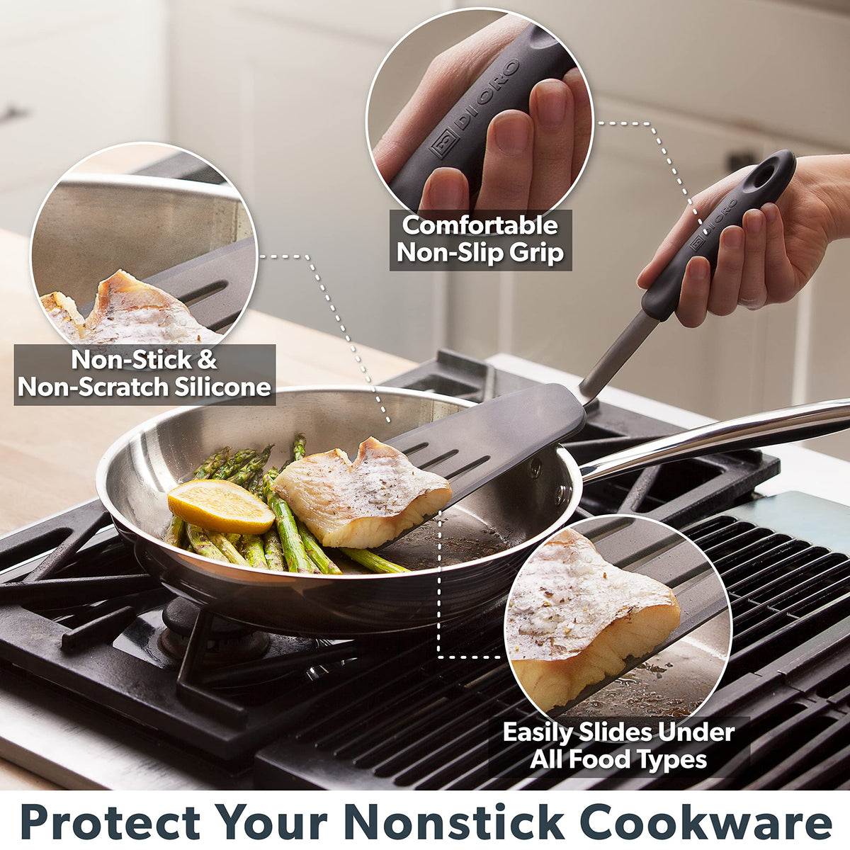 DI ORO Living FLEX spatula edge gliding under delicate foods for clean flips.