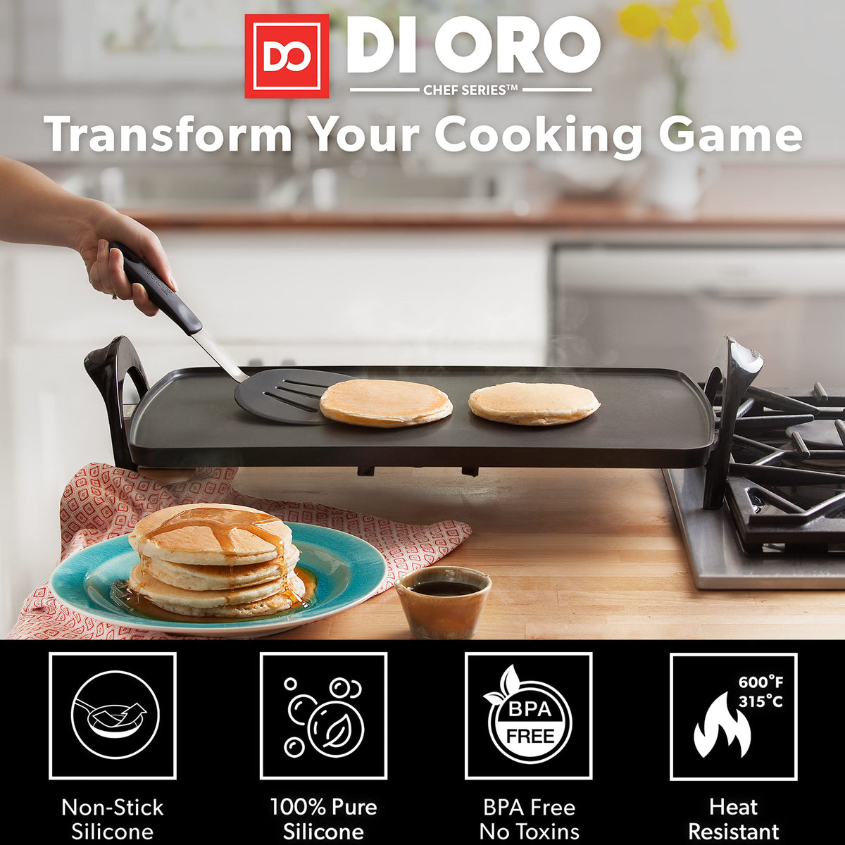 DI ORO Living nonstick silicone spatula protecting nonstick pans during lifting.
