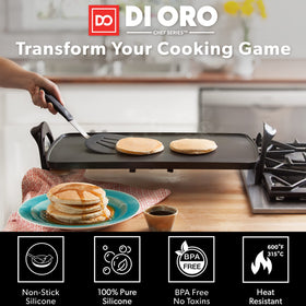 DI ORO Living nonstick silicone spatula protecting nonstick pans during lifting.