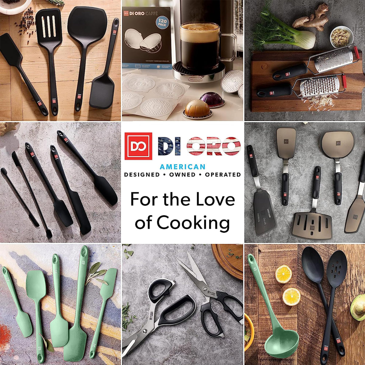 DI ORO Living 600°F heat resistance protects tools during high-heat sautéing.
