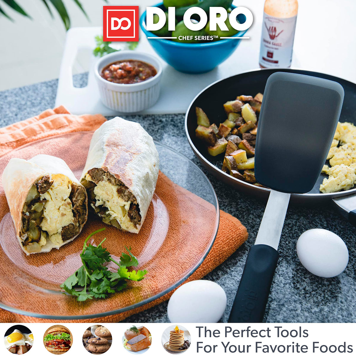 DI ORO Living spatula with slip-resistant handle for secure grip when wet.