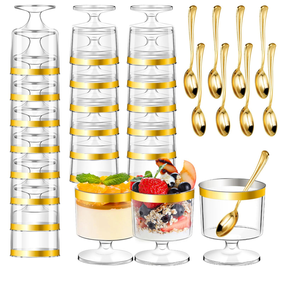 DI QIU REN 5oz dessert cups with clear goblet and gold rim for elegant servings.