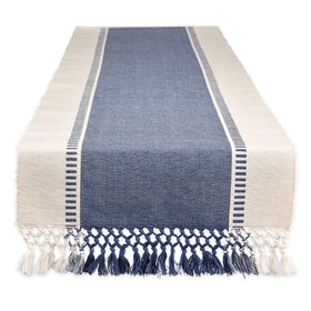 DII dobby stripe table runner with blue fringe enhances dining ambiance.