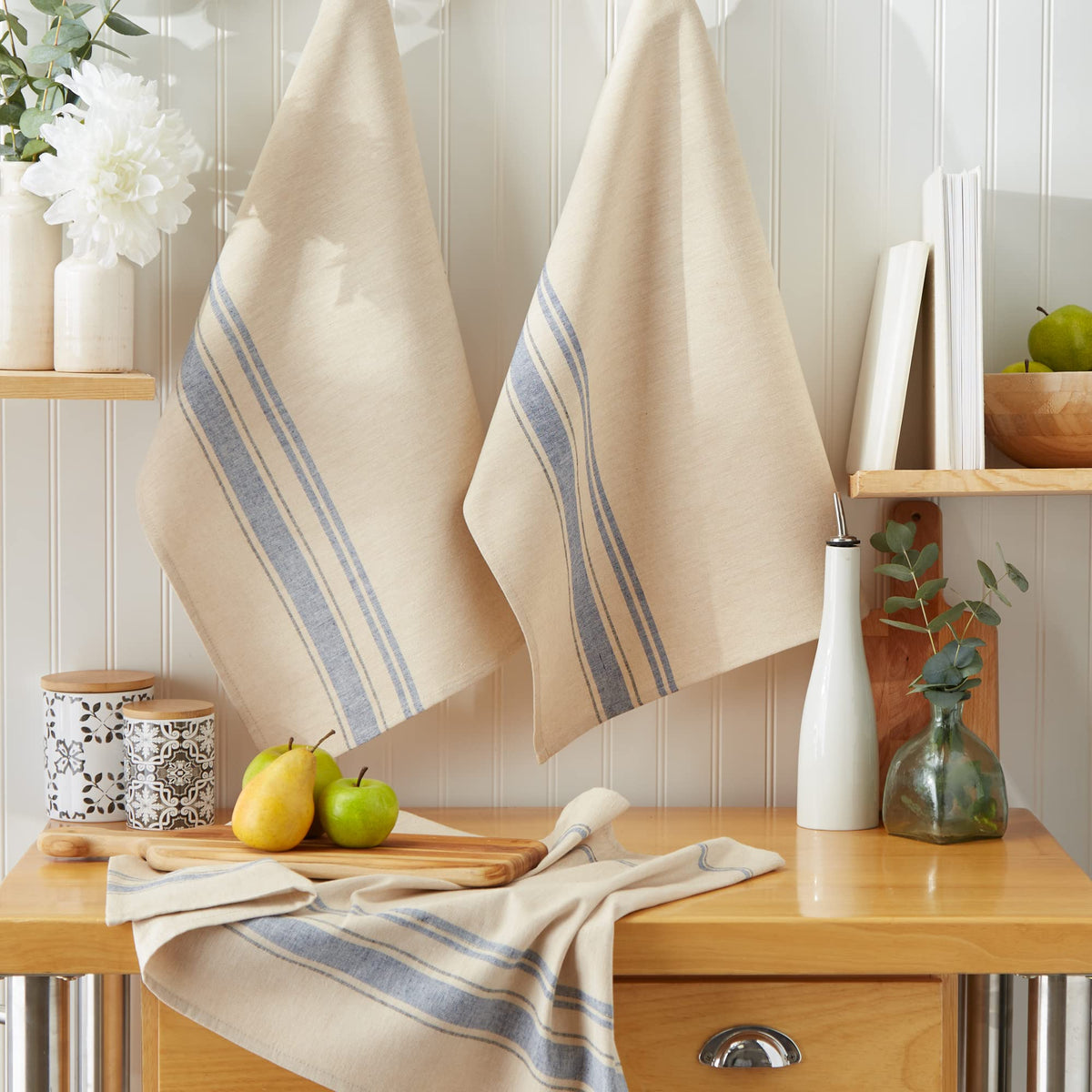 DII kitchen decor in French stripe complements coastal-inspired kitchens.