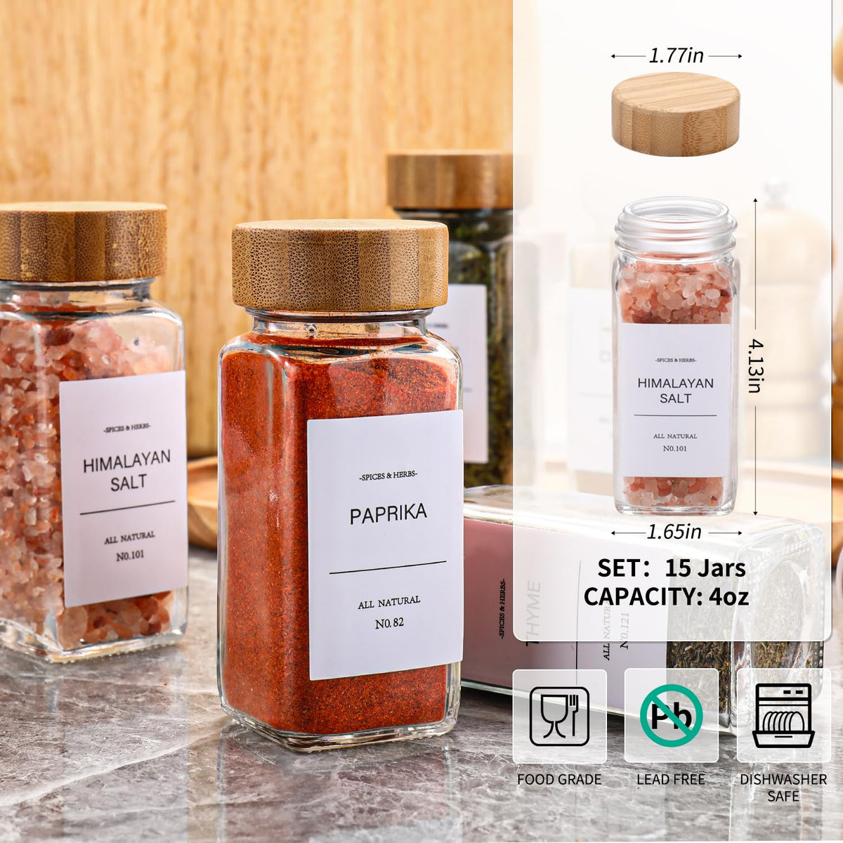 DIMBRAH glass spice jars with clear glass for quick spice identification.