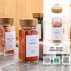 DIMBRAH glass spice jars with clear glass for quick spice identification.