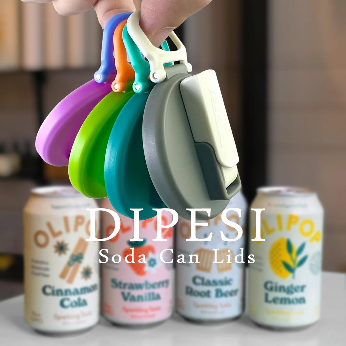 DIPESI soda can lids with straw inside, bright colors for easy drink identification.