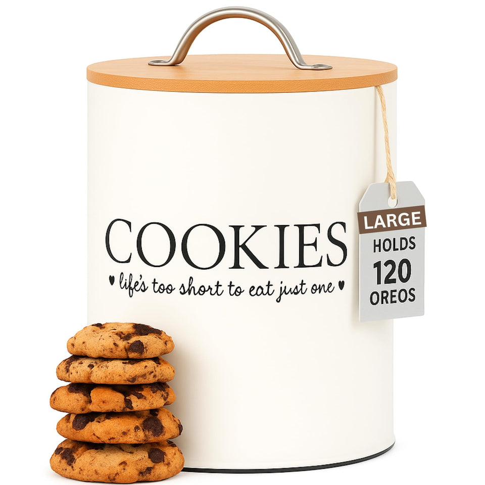 D'Lifeful cookie jar with airtight bamboo lid keeps cookies fresh on the counter.