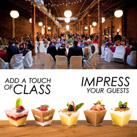 DLux 2oz cups showcase desserts like mousses and tiramisu.