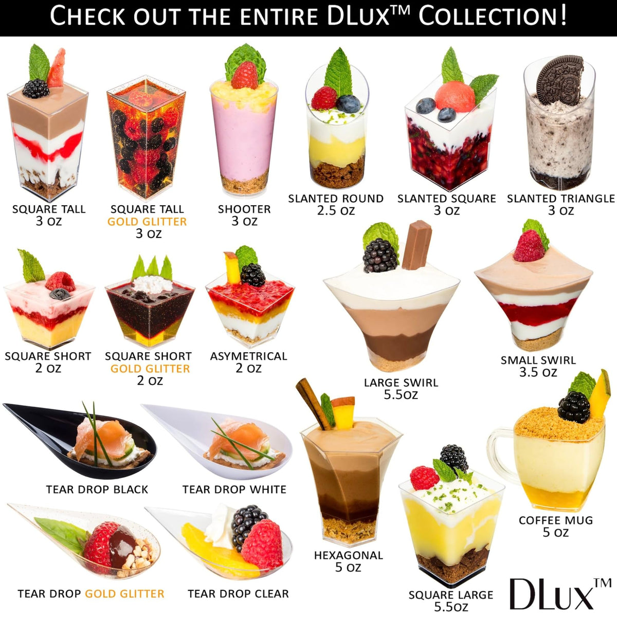 DLux crystal-clear plastic dessert cups present desserts with premium look