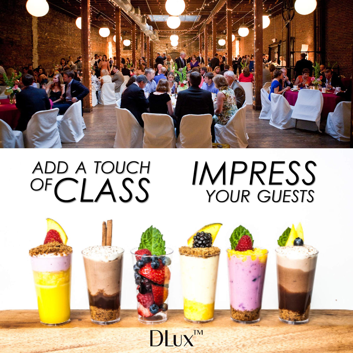 DLux reusable stackable mini cups simplify post-event cleanup.