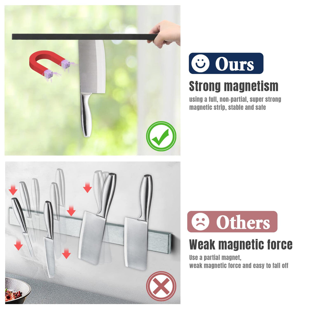 304 stainless steel Dmore knife strip resists rust in damp kitchens