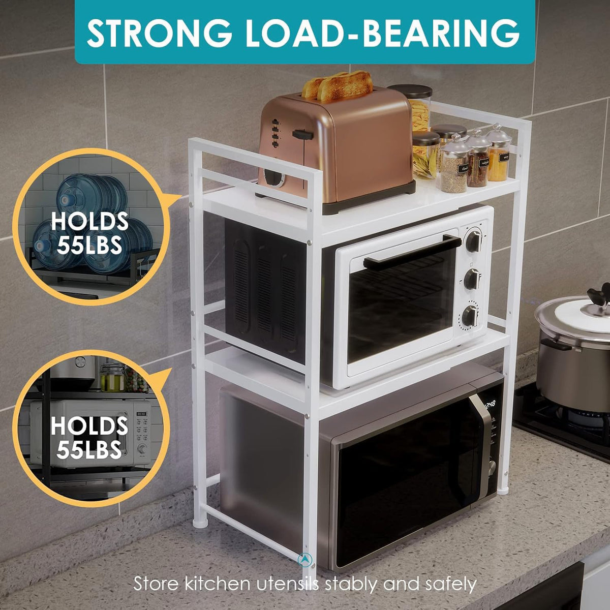 DOLALIKE over-microwave shelf with hooks keeps utensils within reach