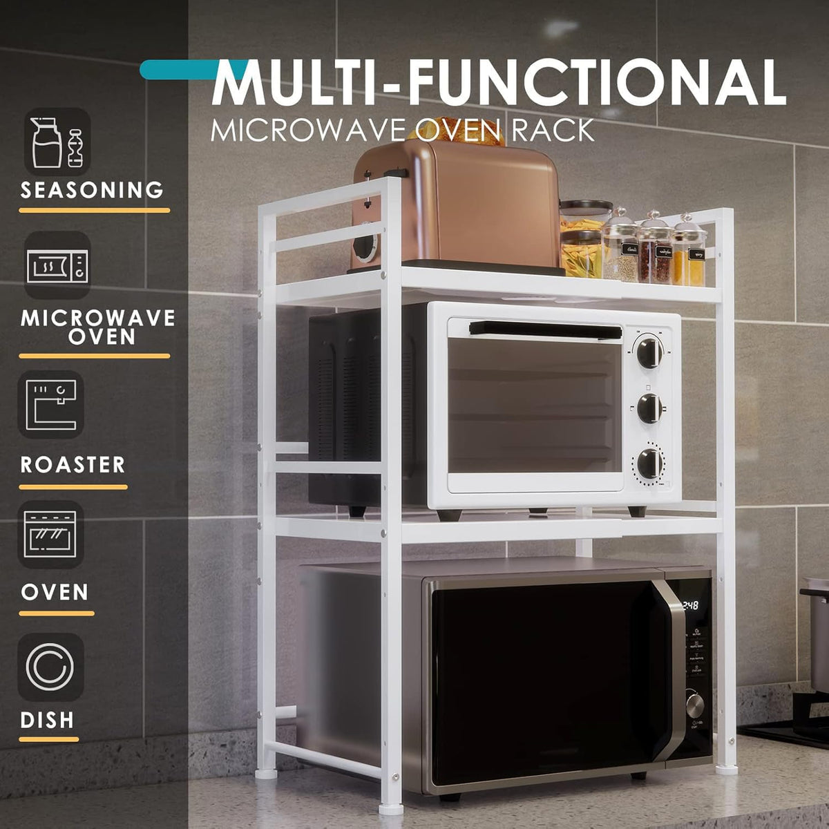 DOLALIKE three-tier kitchen shelf maximizes storage for bottles and bowls