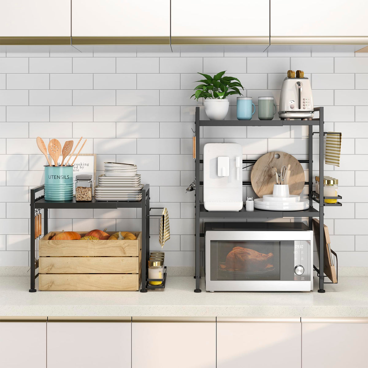 DOLALIKE microwave stand towel rack adds convenient drying space near prep area.