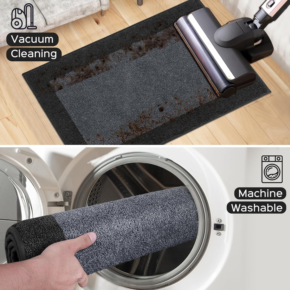 DOMUSTEX easy-clean rug retains color and shape after washing.
