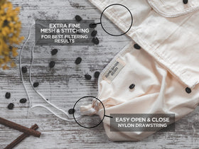 Doppeltree cotton filter with drawstring closed for quick, secure brewing.