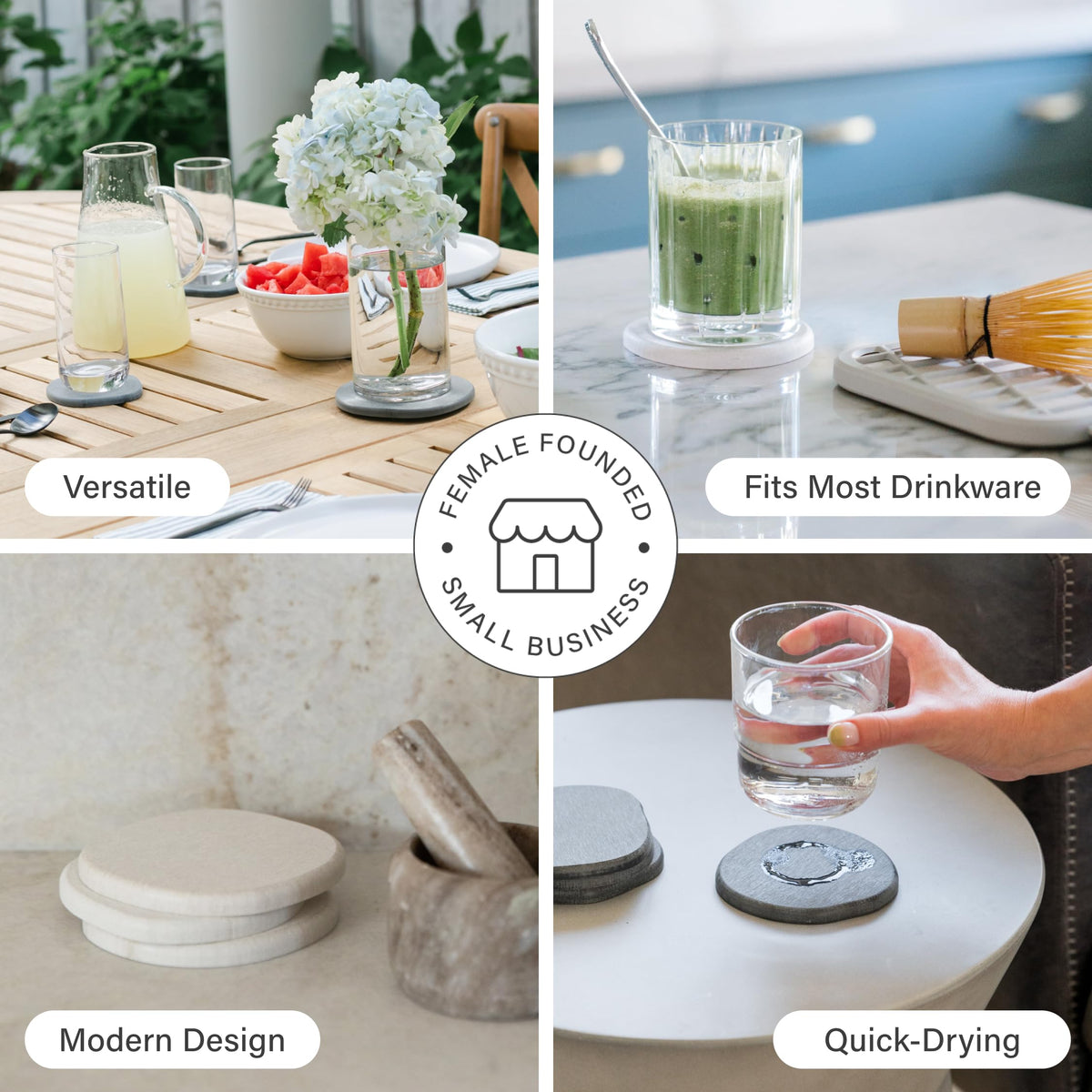 Dorai slate coasters on bar counter protect surfaces from moisture.