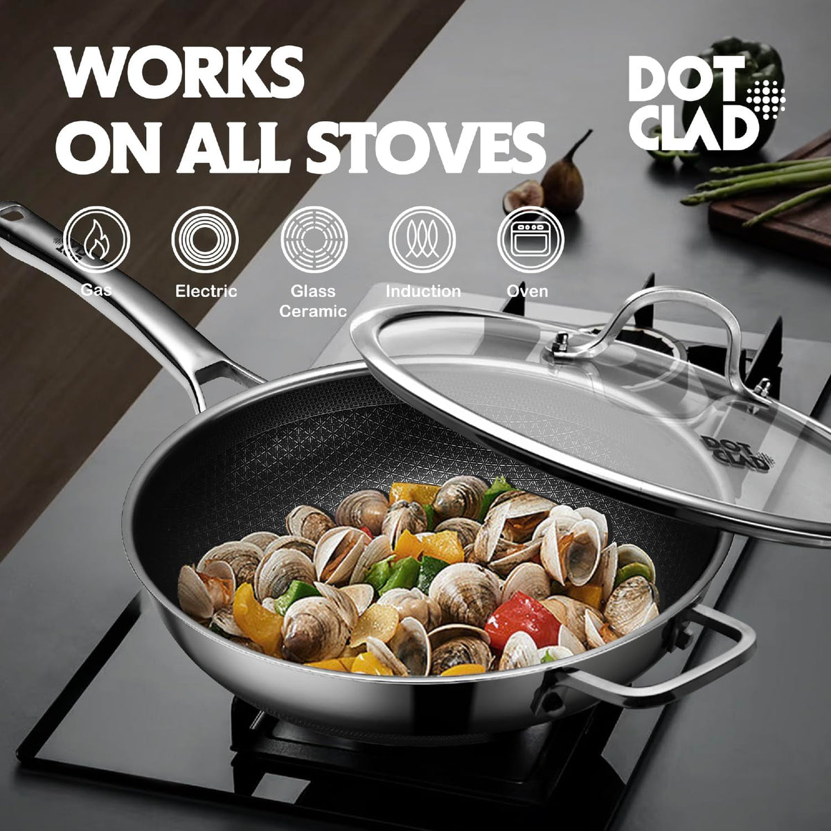 DOTCLAD stainless steel wok delivers even heat for fast stir-fries and searing.