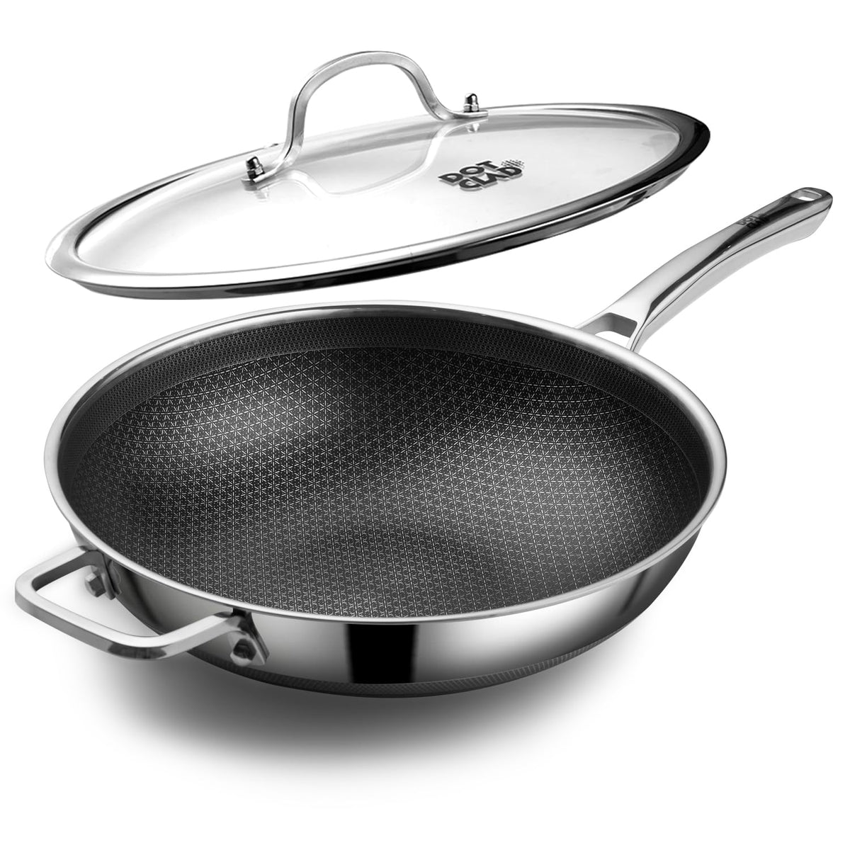 DOTCLAD Wok pan 12-inch with lid highlights hybrid surface for even heating.