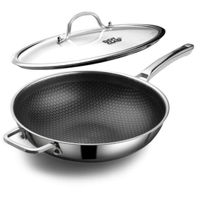 DOTCLAD Wok pan 12-inch with lid highlights hybrid surface for even heating.